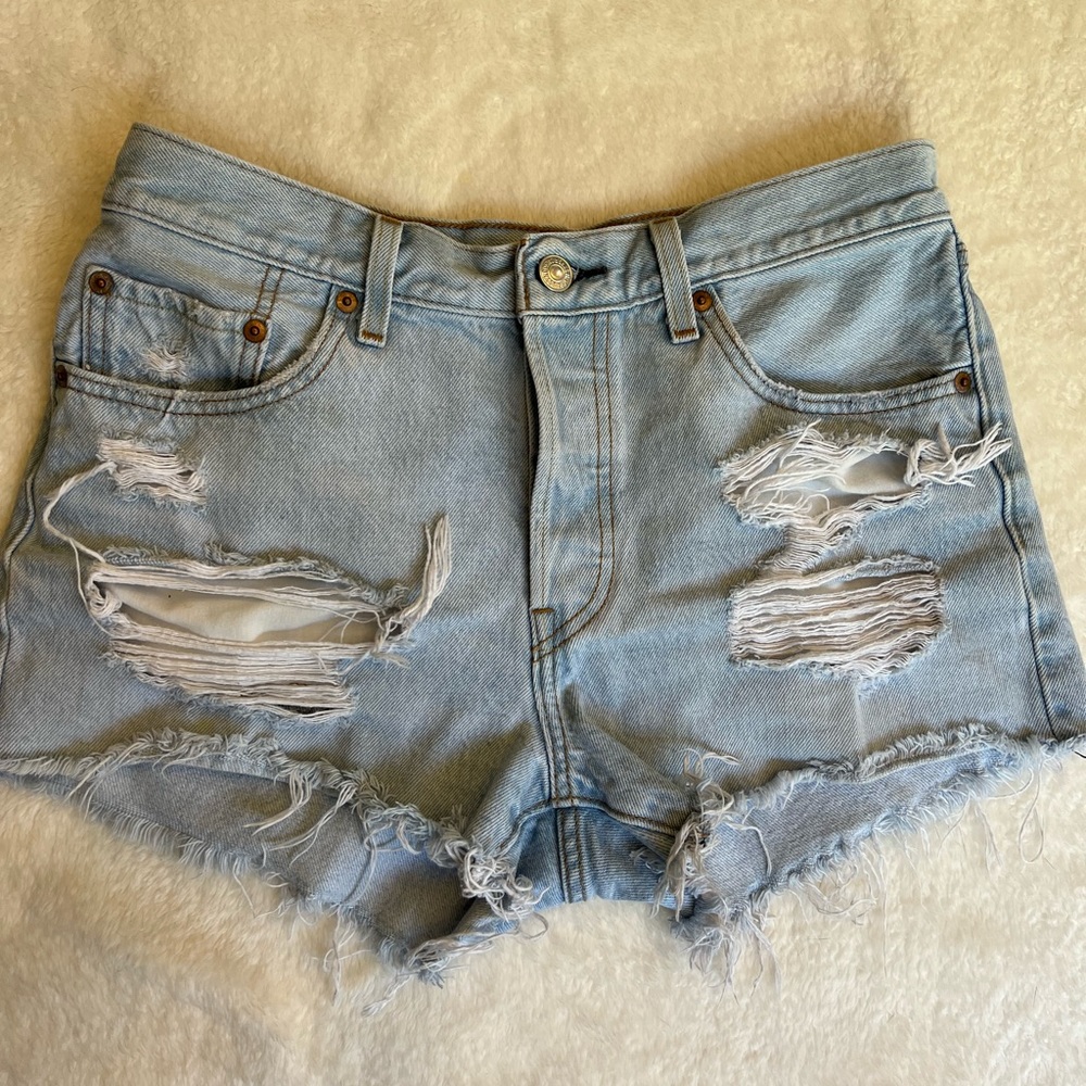 Levi 501 Distressed Jean Shorts Size 28, button fly, good condition